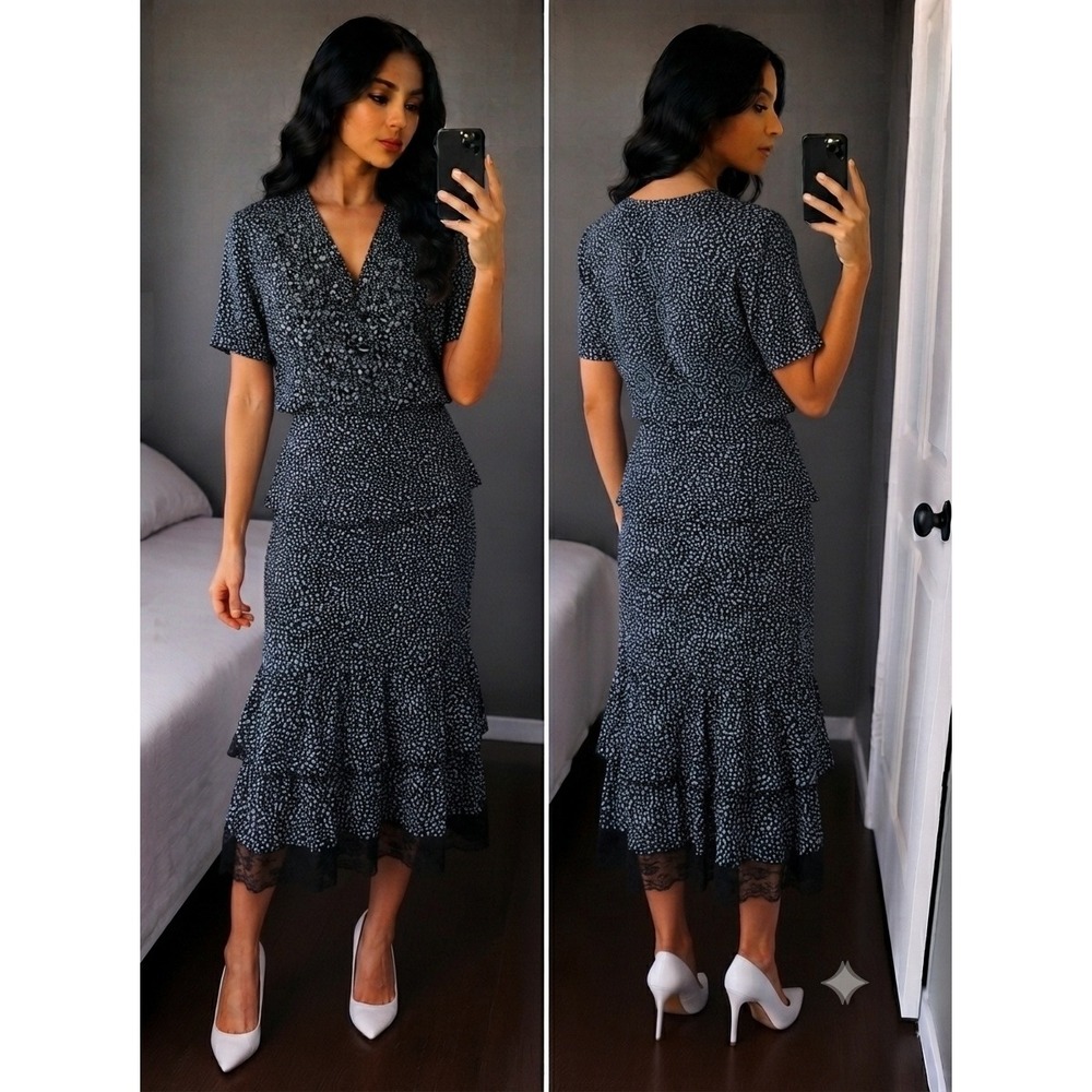 Danny & Nicole Women 12P Petite 2pc Black Blue Polka Dot Skirt Lace Trim Set